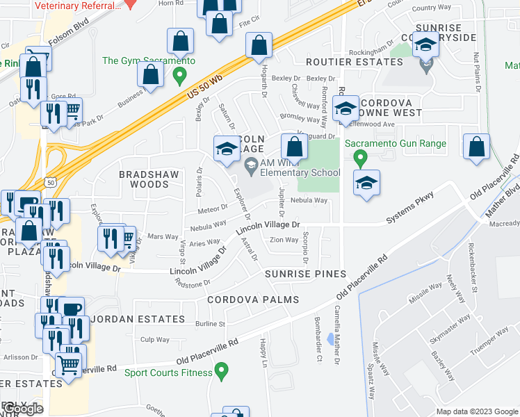 map of restaurants, bars, coffee shops, grocery stores, and more near 10008 Orbit Court in Sacramento