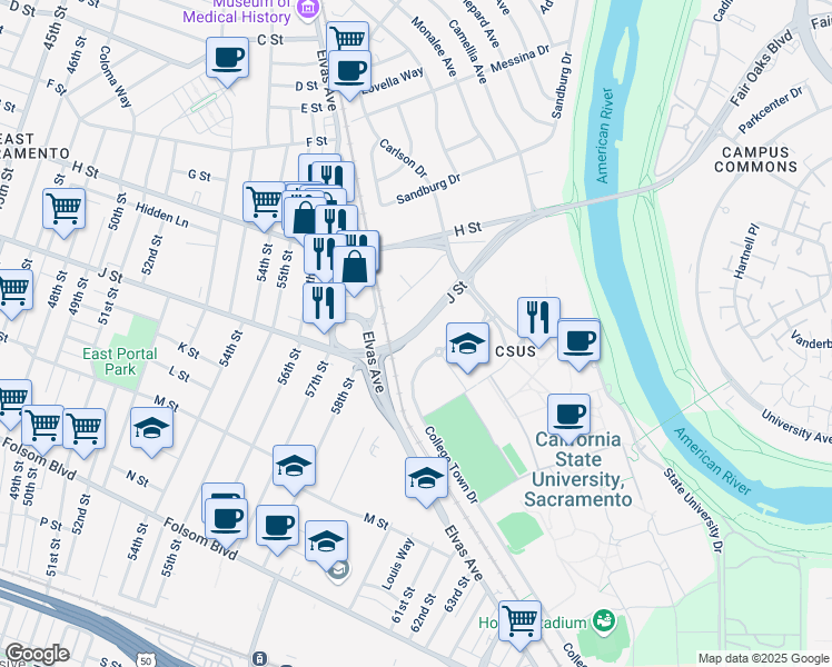map of restaurants, bars, coffee shops, grocery stores, and more near 5904 J Street in Sacramento