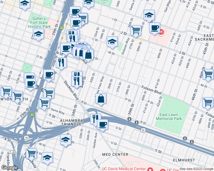 map of restaurants, bars, coffee shops, grocery stores, and more near 1532 36th Street in Sacramento