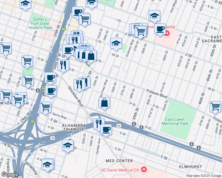 map of restaurants, bars, coffee shops, grocery stores, and more near 1532 36th Street in Sacramento