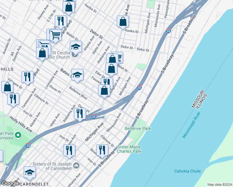 map of restaurants, bars, coffee shops, grocery stores, and more near 5415 Michigan Avenue in St. Louis