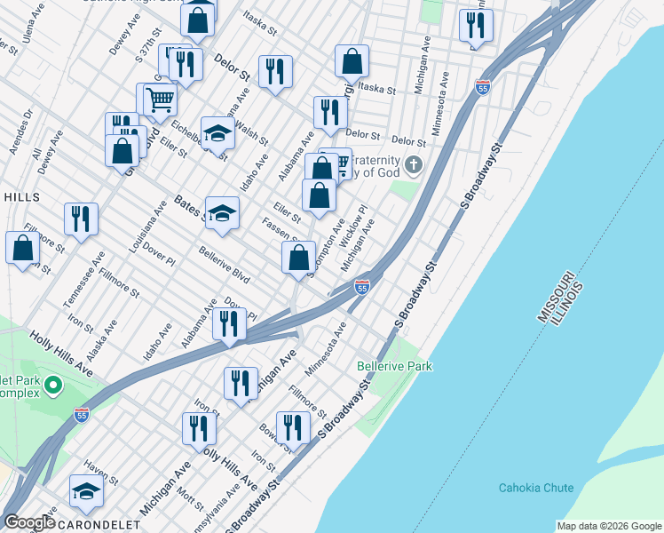 map of restaurants, bars, coffee shops, grocery stores, and more near 5415 Michigan Avenue in St. Louis