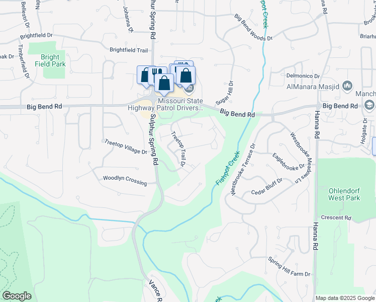 map of restaurants, bars, coffee shops, grocery stores, and more near 708 Windy Ridge Drive in Ballwin