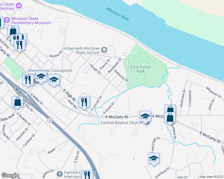 map of restaurants, bars, coffee shops, grocery stores, and more near 1510 Hough Street in Jefferson City