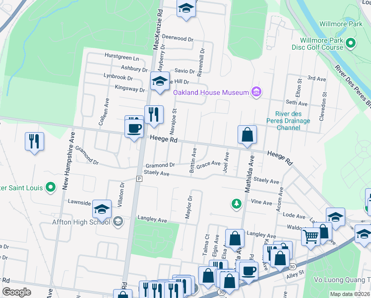 map of restaurants, bars, coffee shops, grocery stores, and more near 8009 McGee Street in Affton