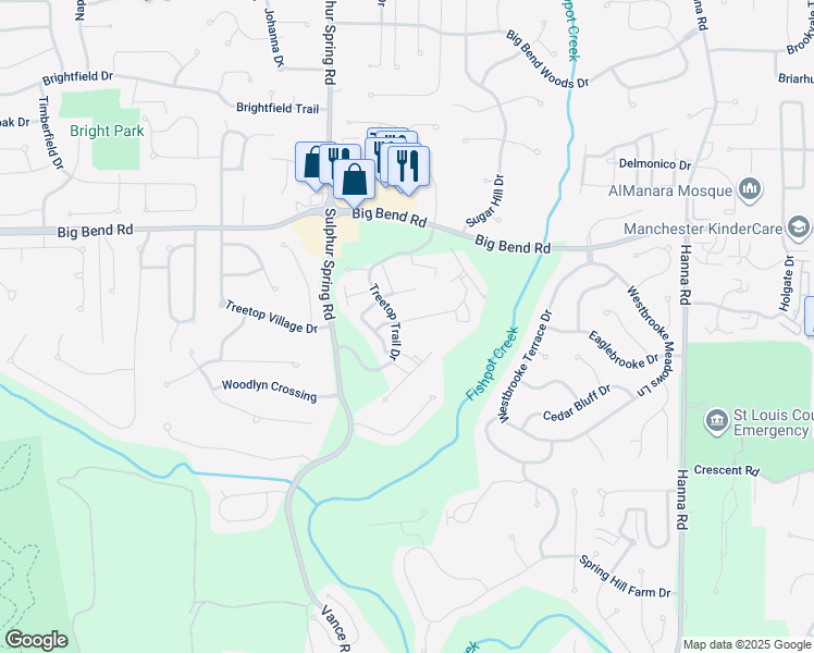 map of restaurants, bars, coffee shops, grocery stores, and more near 708 Windy Ridge Drive in Ballwin