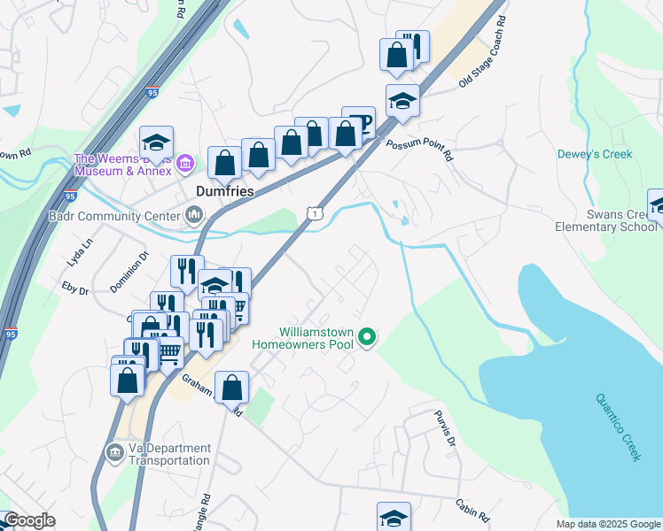 map of restaurants, bars, coffee shops, grocery stores, and more near 3661 Morgan Court in Dumfries