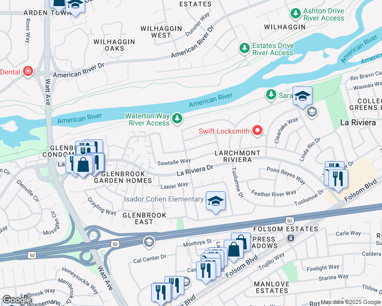map of restaurants, bars, coffee shops, grocery stores, and more near 8904 Woodman Way in Sacramento