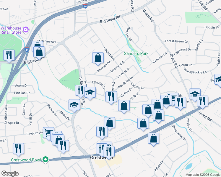 map of restaurants, bars, coffee shops, grocery stores, and more near 1082 Etherton Drive in St. Louis