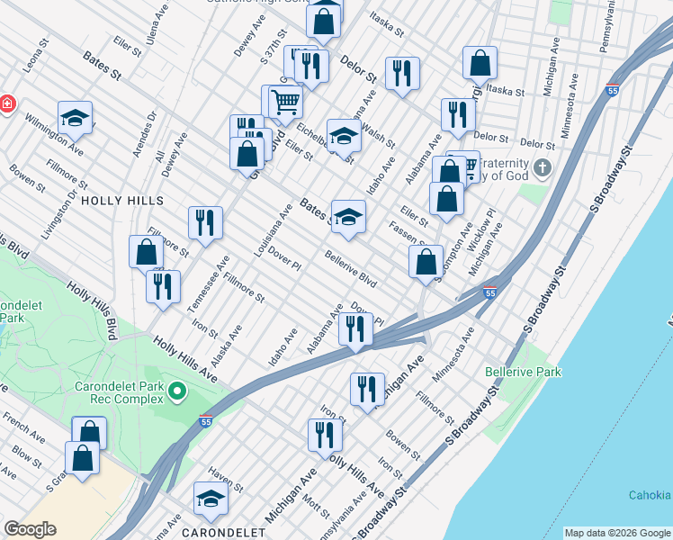 map of restaurants, bars, coffee shops, grocery stores, and more near 728 Bellerive Boulevard in St. Louis