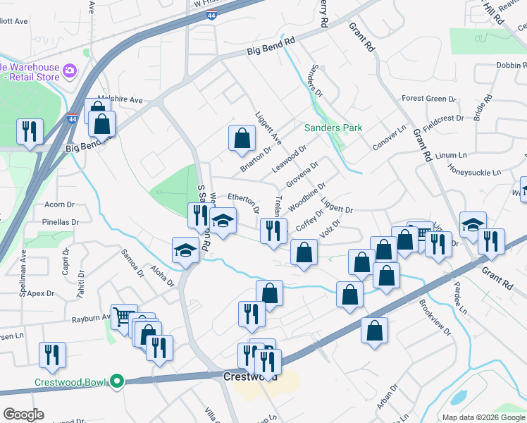 map of restaurants, bars, coffee shops, grocery stores, and more near 1082 Etherton Drive in St. Louis