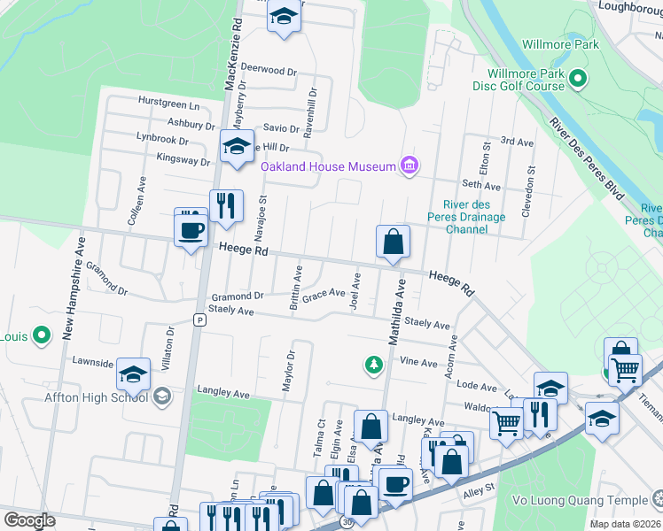 map of restaurants, bars, coffee shops, grocery stores, and more near 5818 Heege Road in Affton