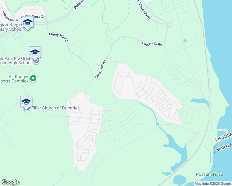 map of restaurants, bars, coffee shops, grocery stores, and more near 2040 Silver Sycamore Lane in Dumfries