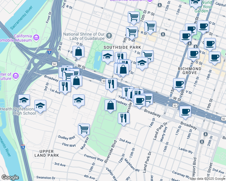 map of restaurants, bars, coffee shops, grocery stores, and more near 910 X Street in Sacramento