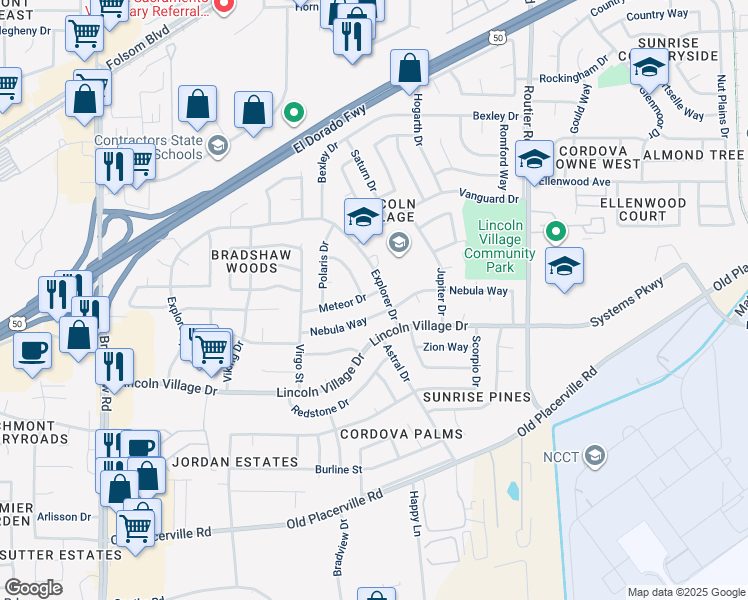 map of restaurants, bars, coffee shops, grocery stores, and more near 9954 Meteor Drive in Sacramento
