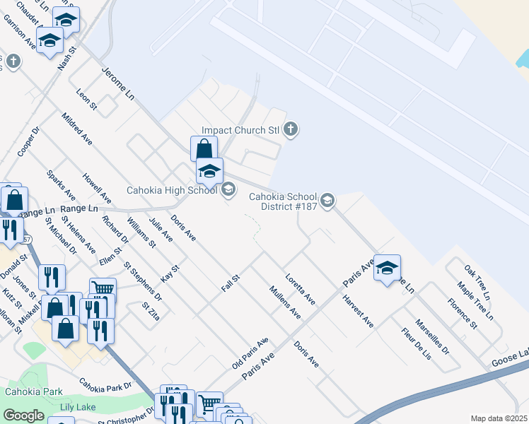 map of restaurants, bars, coffee shops, grocery stores, and more near 800 Range Lane in Cahokia