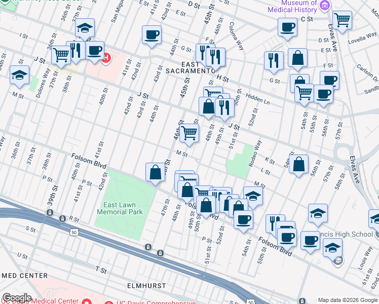 map of restaurants, bars, coffee shops, grocery stores, and more near 1225 47th Street in Sacramento