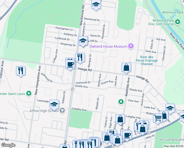 map of restaurants, bars, coffee shops, grocery stores, and more near 8009 McGee Street in Affton