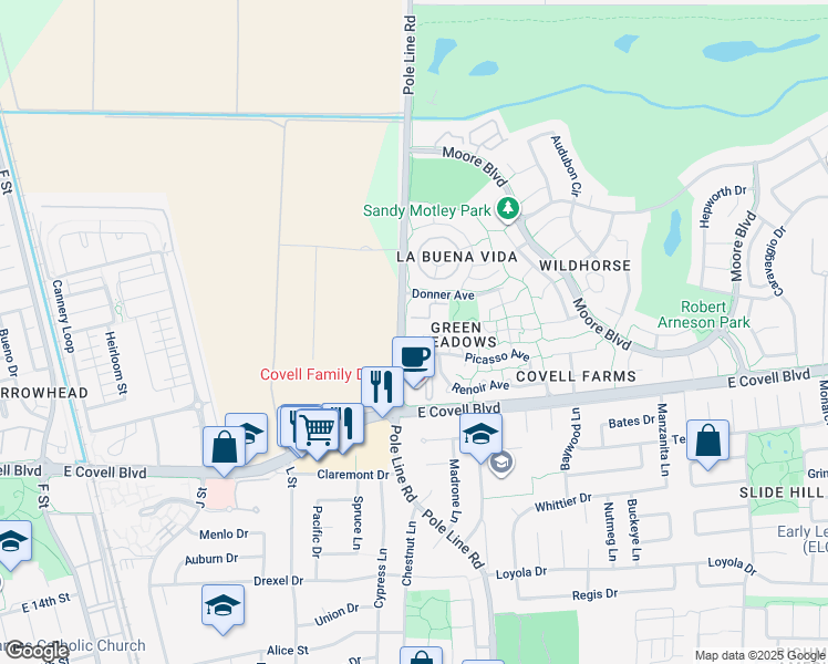 map of restaurants, bars, coffee shops, grocery stores, and more near 2400 Pole Line Road in Davis