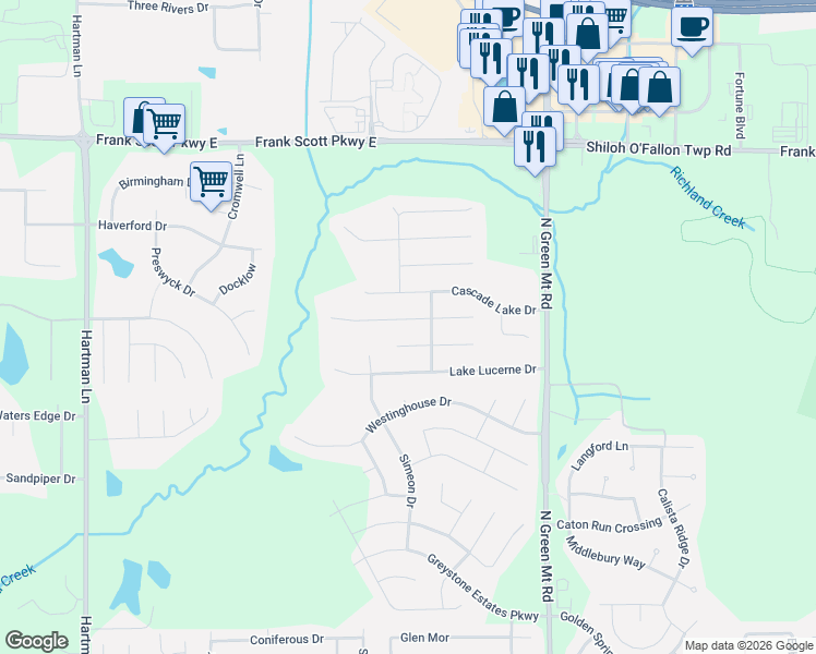 map of restaurants, bars, coffee shops, grocery stores, and more near 2654 Meridian Lake Drive in Belleville