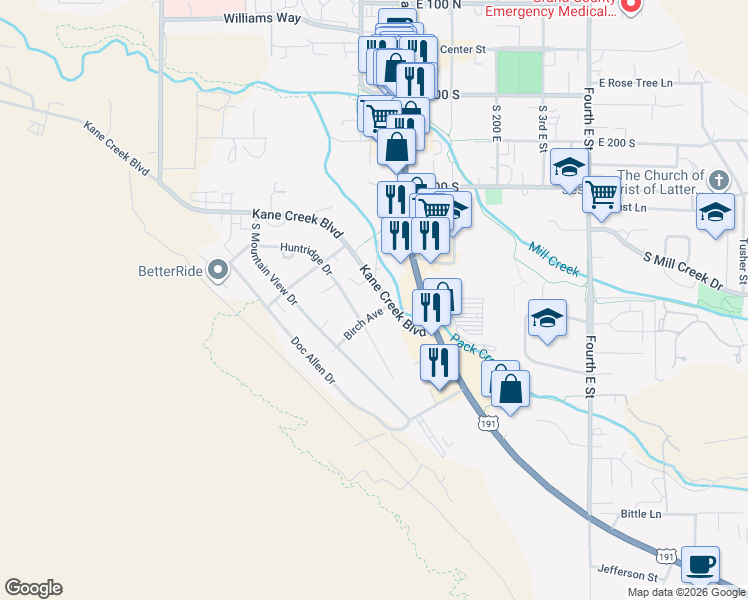 map of restaurants, bars, coffee shops, grocery stores, and more near 622 Kane Creek Boulevard in Moab
