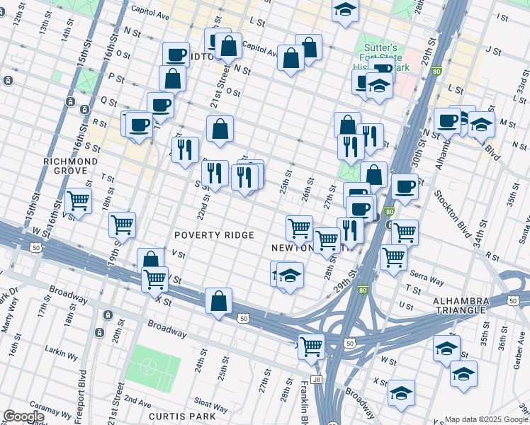 map of restaurants, bars, coffee shops, grocery stores, and more near 2500 S Street in Sacramento