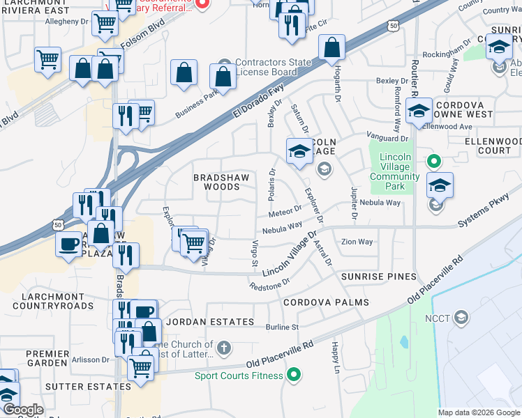 map of restaurants, bars, coffee shops, grocery stores, and more near 3331 Virgo Street in Sacramento