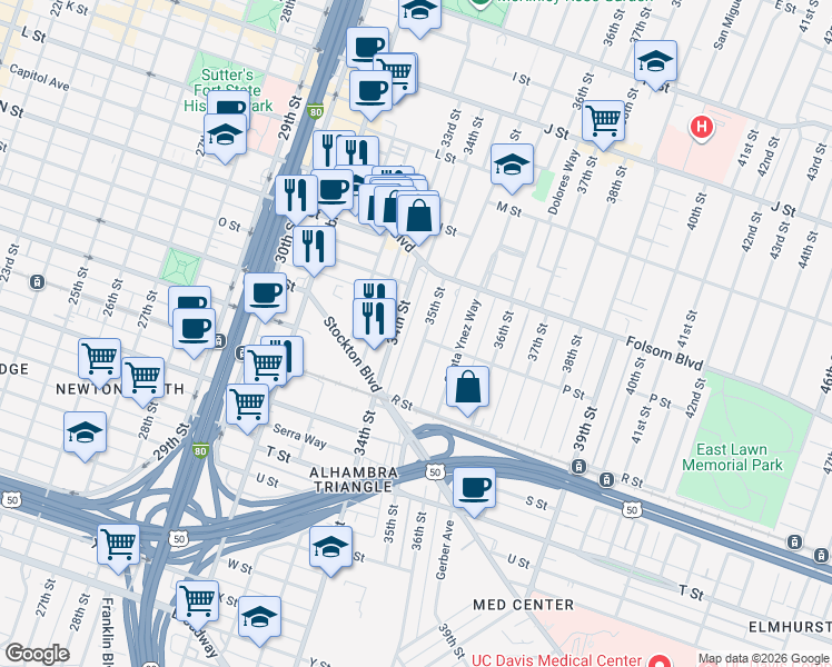 map of restaurants, bars, coffee shops, grocery stores, and more near 1562 35th Street in Sacramento