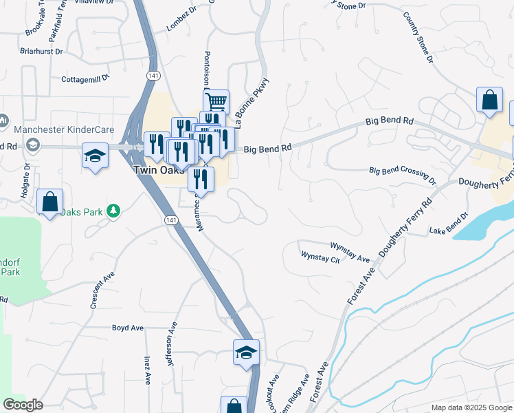 map of restaurants, bars, coffee shops, grocery stores, and more near 158 Forest Parkway in Valley Park