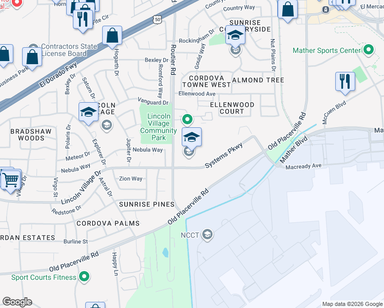 map of restaurants, bars, coffee shops, grocery stores, and more near 10101 Systems Parkway in Sacramento