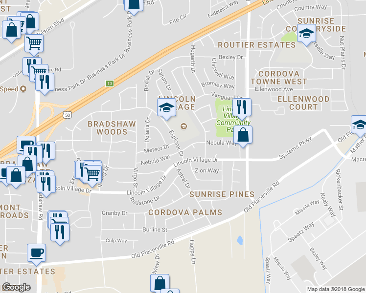 map of restaurants, bars, coffee shops, grocery stores, and more near 10008 Orbit Court in Sacramento