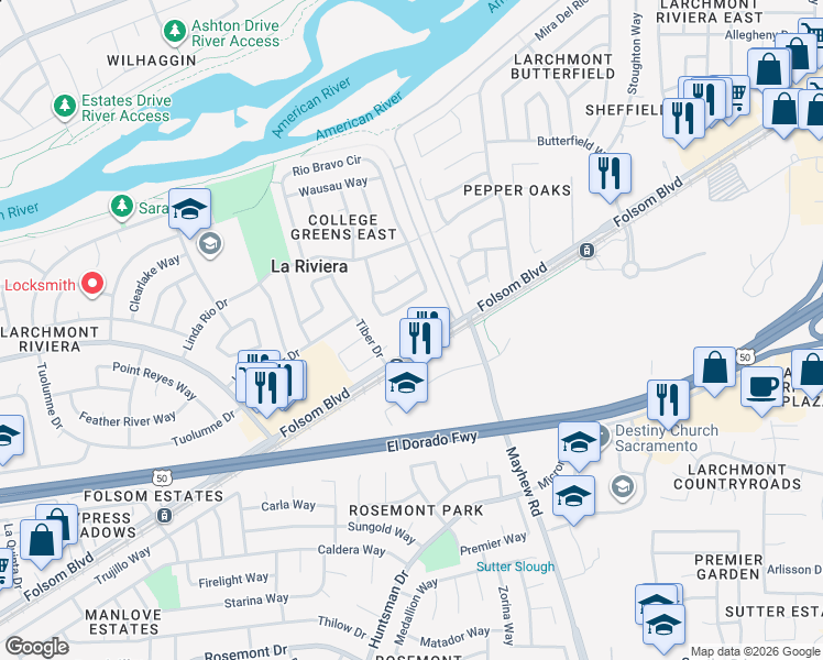 map of restaurants, bars, coffee shops, grocery stores, and more near 9307 Folsom Boulevard in Sacramento