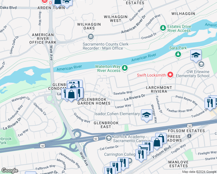 map of restaurants, bars, coffee shops, grocery stores, and more near 8825 Sawtelle Way in Sacramento