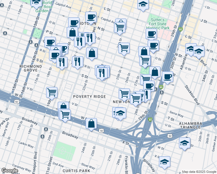 map of restaurants, bars, coffee shops, grocery stores, and more near 1910 24th Street in Sacramento
