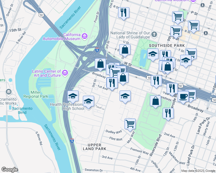 map of restaurants, bars, coffee shops, grocery stores, and more near 401 1st Avenue in Sacramento