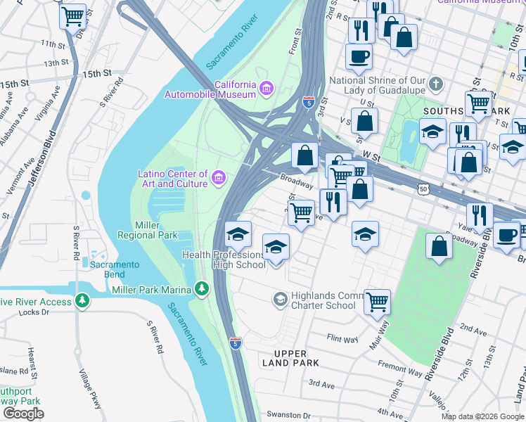 map of restaurants, bars, coffee shops, grocery stores, and more near 168 Box Lane in Sacramento