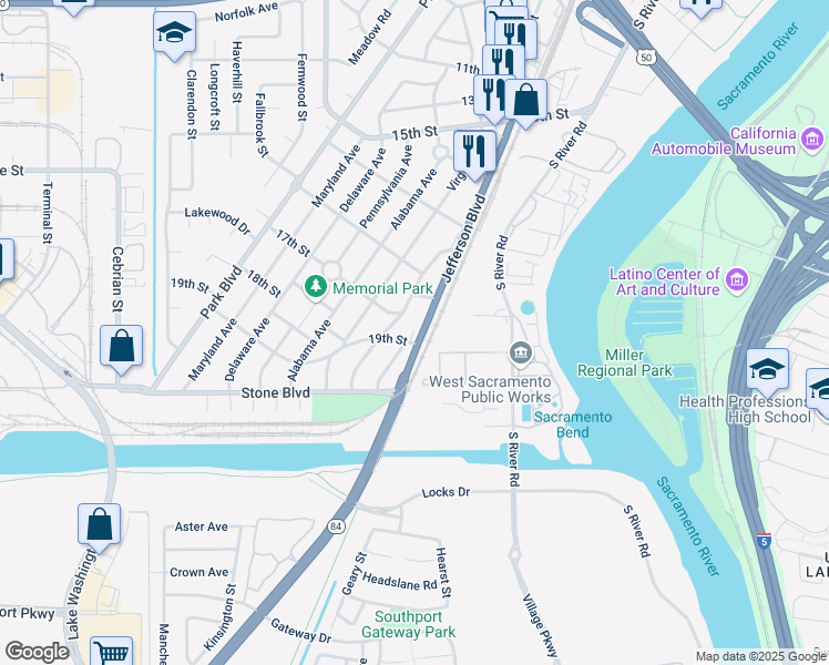 map of restaurants, bars, coffee shops, grocery stores, and more near 1710 Jefferson Boulevard in West Sacramento