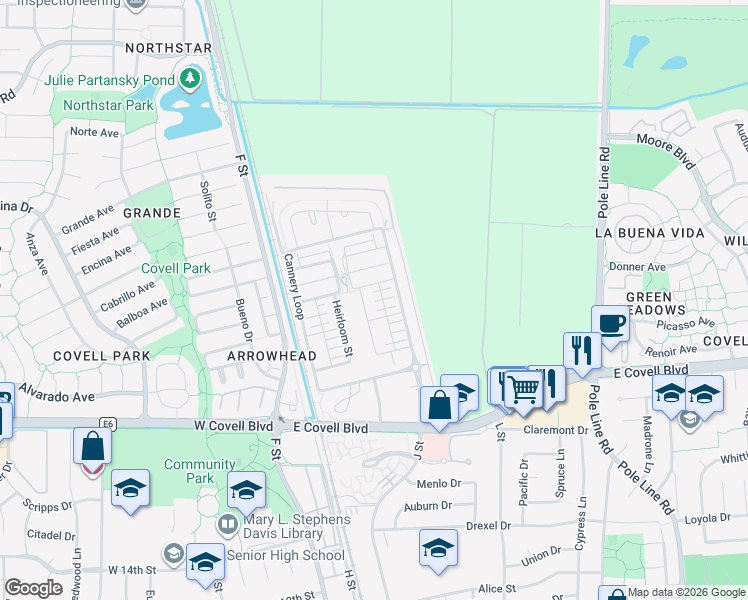map of restaurants, bars, coffee shops, grocery stores, and more near 1061 Golden Sunray Terrace in Davis