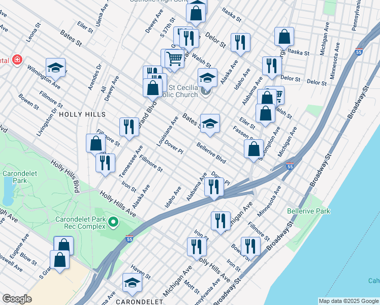 map of restaurants, bars, coffee shops, grocery stores, and more near 901 Dover Place in St. Louis