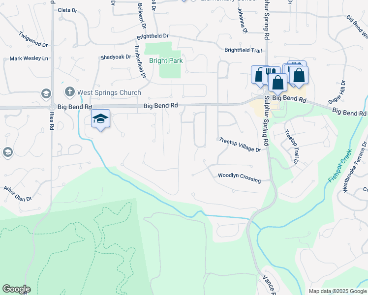 map of restaurants, bars, coffee shops, grocery stores, and more near 1258 Red Oak Plantation Drive in Ballwin