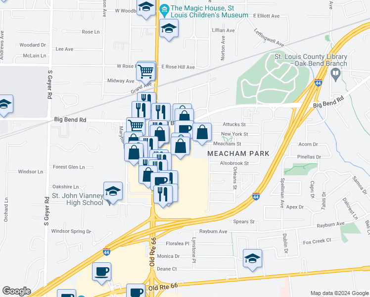 map of restaurants, bars, coffee shops, grocery stores, and more near 1042 South Kirkwood Road in Kirkwood