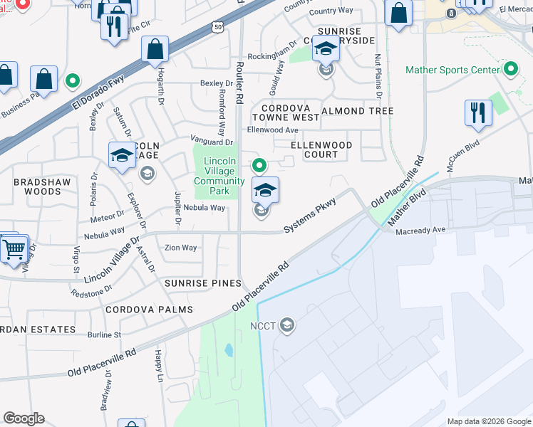map of restaurants, bars, coffee shops, grocery stores, and more near 10101 Systems Parkway in Sacramento