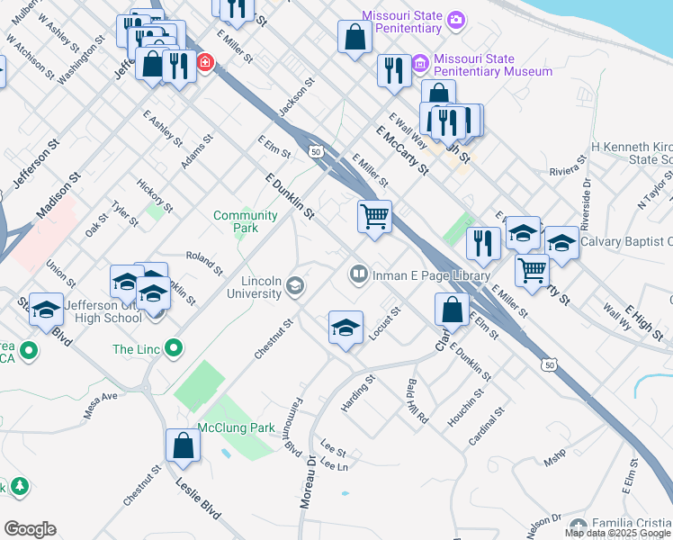 map of restaurants, bars, coffee shops, grocery stores, and more near 756 Chestnut Street in Jefferson City