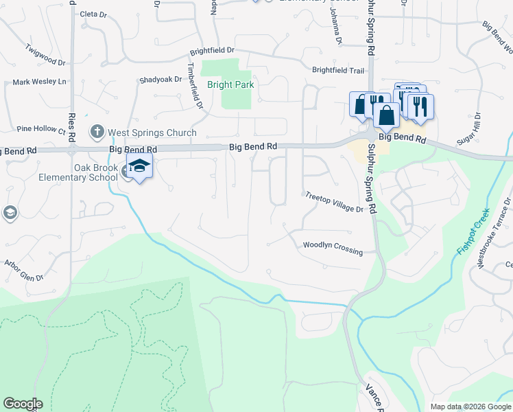 map of restaurants, bars, coffee shops, grocery stores, and more near 1258 Red Oak Plantation Drive in Ballwin