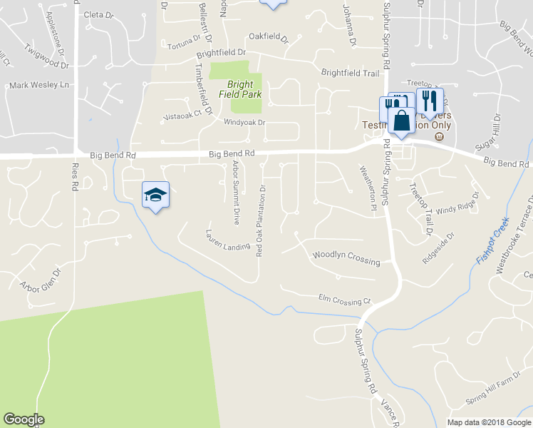 map of restaurants, bars, coffee shops, grocery stores, and more near 1258 Red Oak Plantation Drive in Ballwin