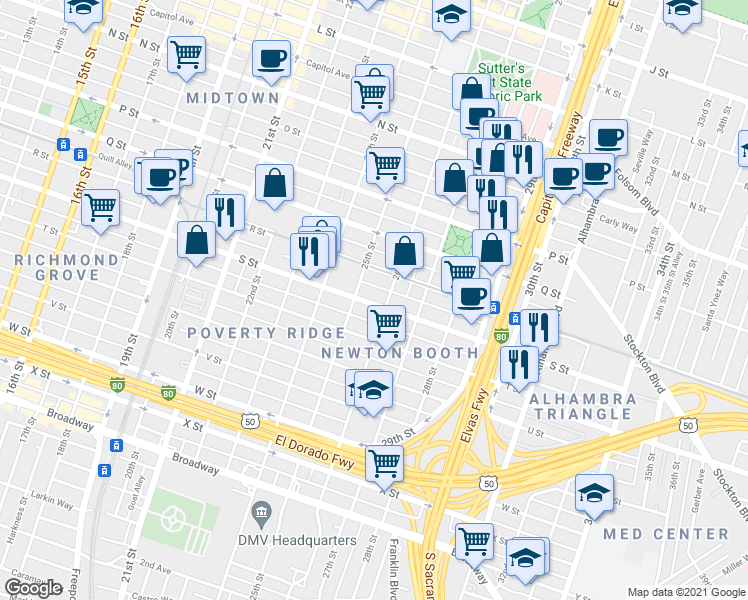map of restaurants, bars, coffee shops, grocery stores, and more near 2519 S Street in Sacramento