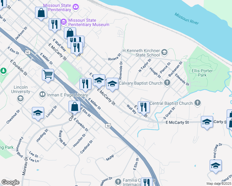 map of restaurants, bars, coffee shops, grocery stores, and more near 1229 East McCarty Street in Jefferson City