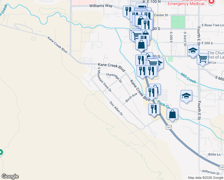 map of restaurants, bars, coffee shops, grocery stores, and more near 549 South Mountain View Drive in Moab