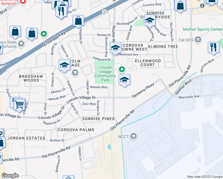 map of restaurants, bars, coffee shops, grocery stores, and more near 10085 Nebula Way in Sacramento