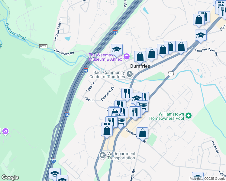 map of restaurants, bars, coffee shops, grocery stores, and more near 4001 Dominion Drive in Dumfries